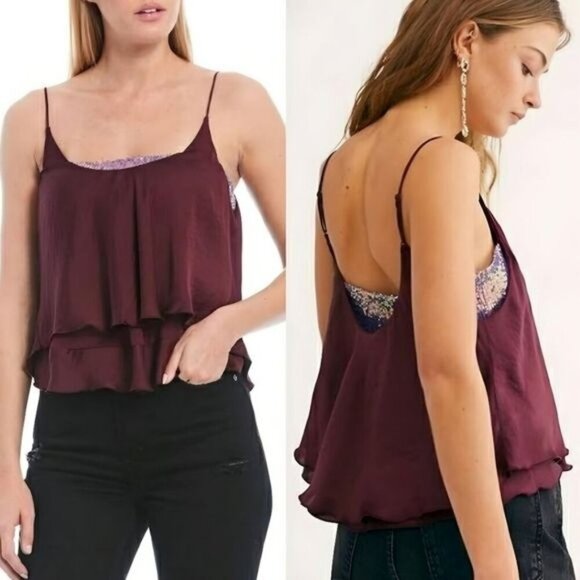 Free People ✦ Plum Layered Sequin Tank ✦ Sparkly Spaghetti Strap Top S NWT - Picture 1 of 13
